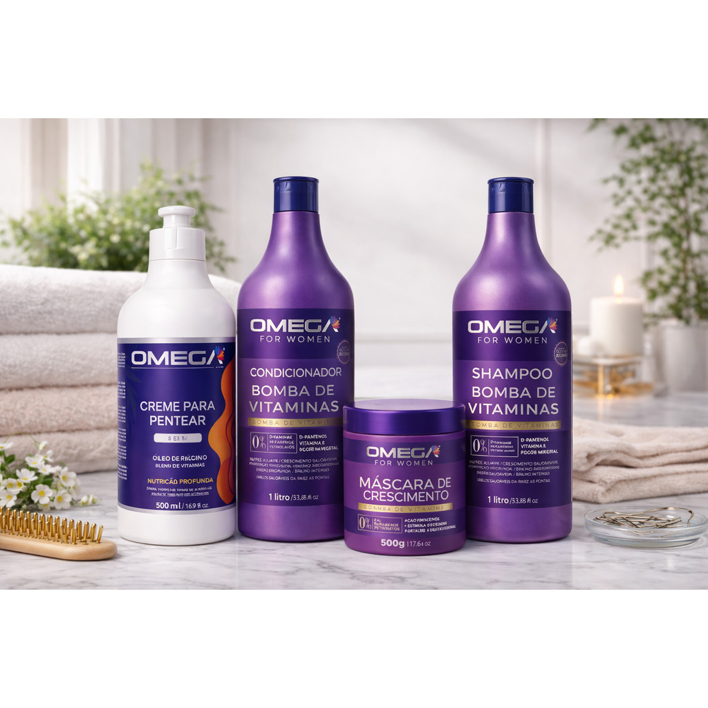 Kit Bomba Vitaminas Shampoo 1L + Condicionador + Máscara + Creme – Crescimento e Força