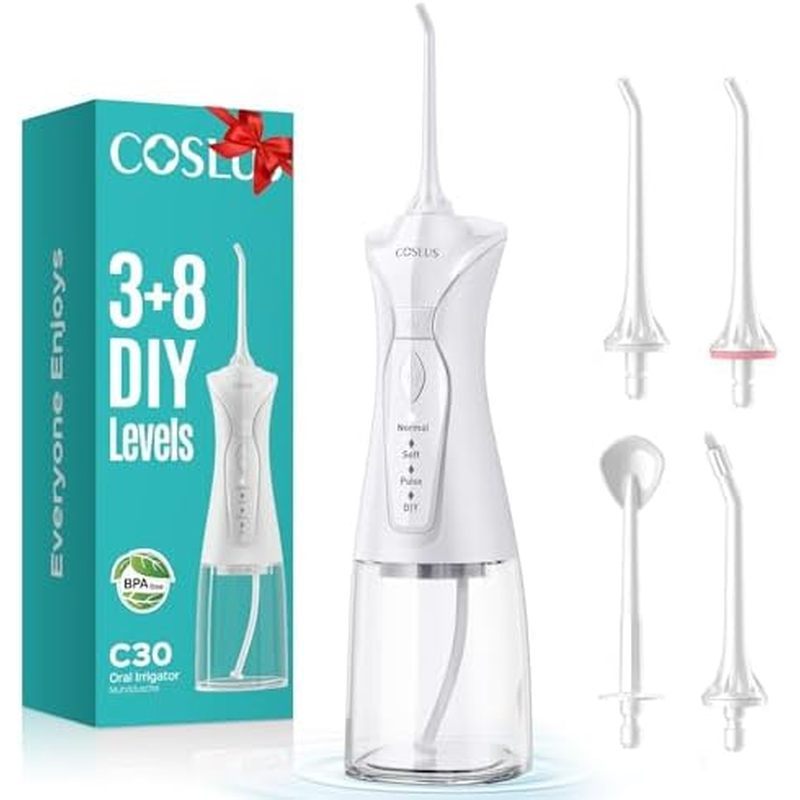 COSLUS Water Dental Flosser Pick Para Dentes C30 (FC5360) : 4 Modos Sem Fio Portátil 300ML Tanque Maior Água Limpador De