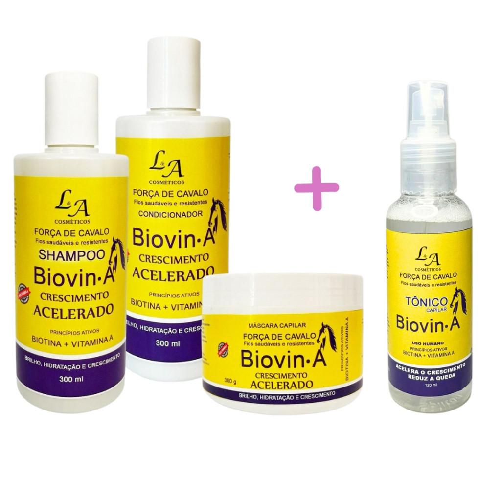 Kit Crescimento Capilar Força de Cavalo Biovin-A L&A Cosméticos 3x300ml + Tônico 120ml Anti Quedaco 120ml em Oferta na Shopee