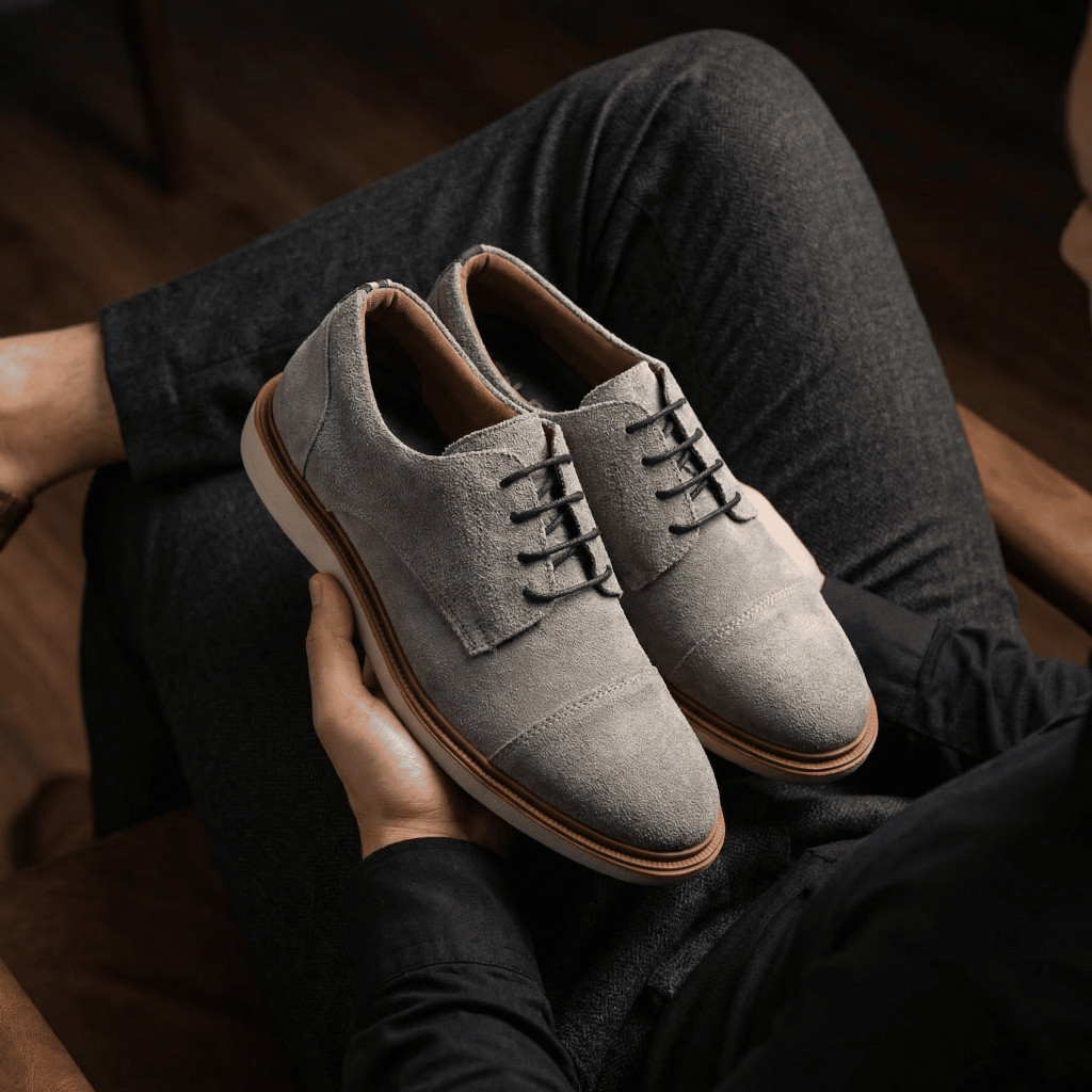 Sapato Masculino Casual em Couro Camurça Cinza Confortável Leve Estilo Social Moderno Solado Antiderrapante