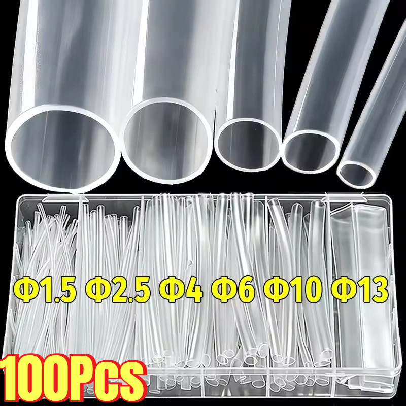 100 Peças Tubo Termo Retrátil Transparente-6 Tamanhos De Isolamento PE Com Caixa De Armazenamento-Cabo De Dados Fio Fone