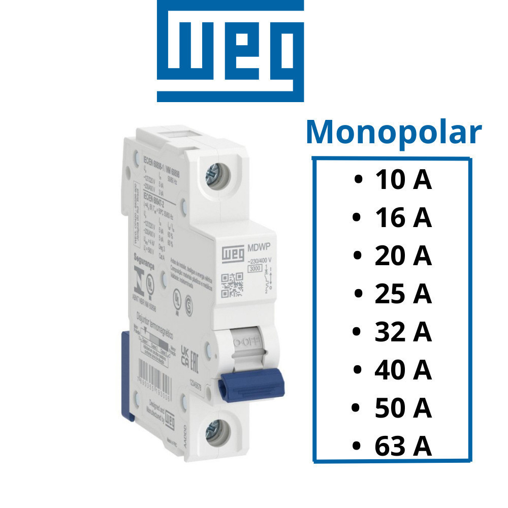Disjuntor Unipolar Weg Mdwp Curva C 10a 16a 20a 25a 32a 40a 50a 63a Trilho Din Original