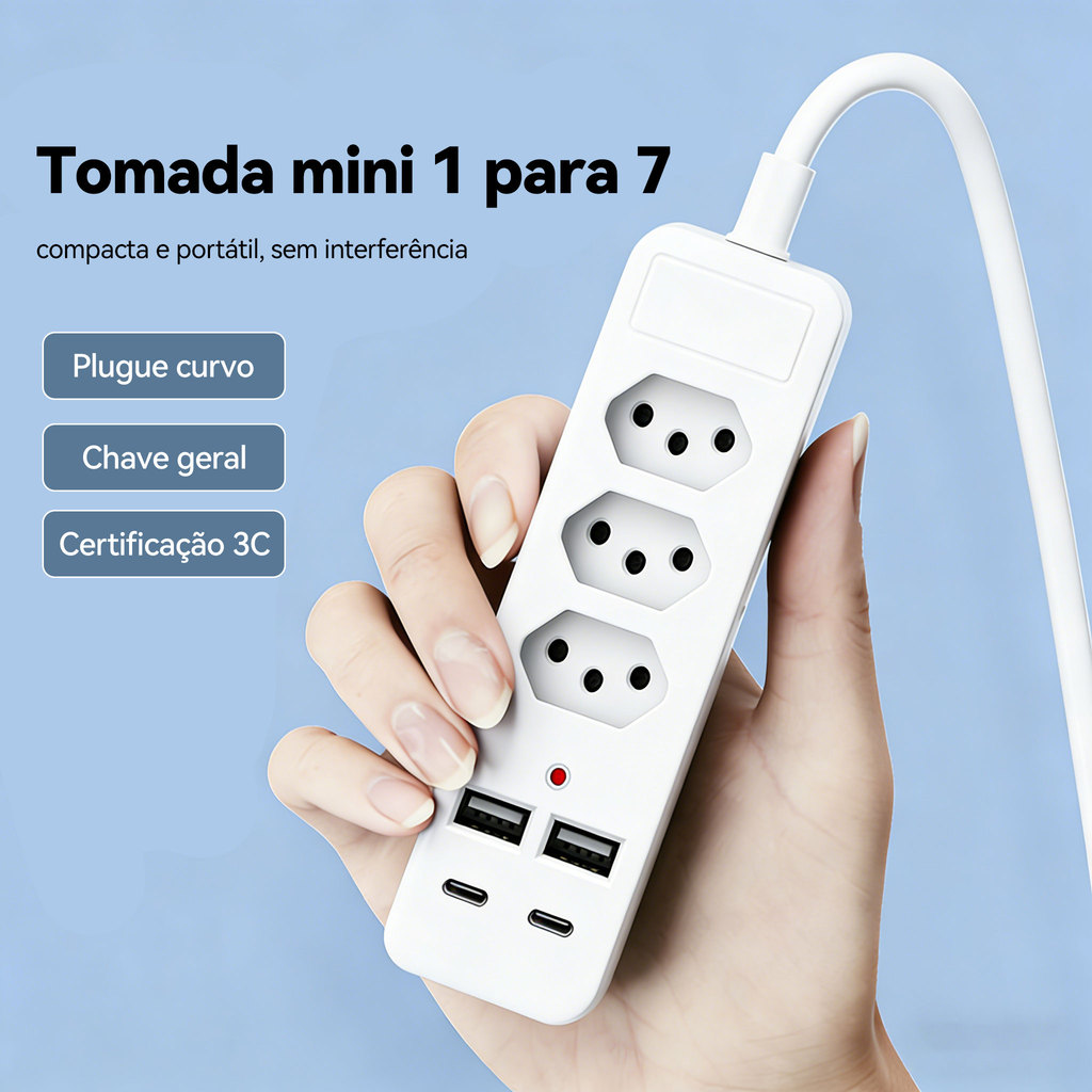 Extensão 3Tomadas 2 USB 2 TypeC Universal Bivolt 250V 2500W Power 1.5m Filtro De Linha Segurança
