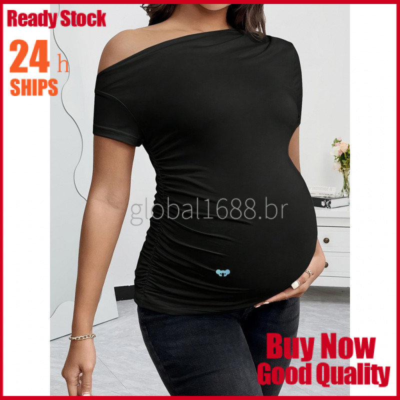 {EM ESTOQUE} Camiseta Elegante para Gestantes com Ombros Descobertos, Elástica e Confortável