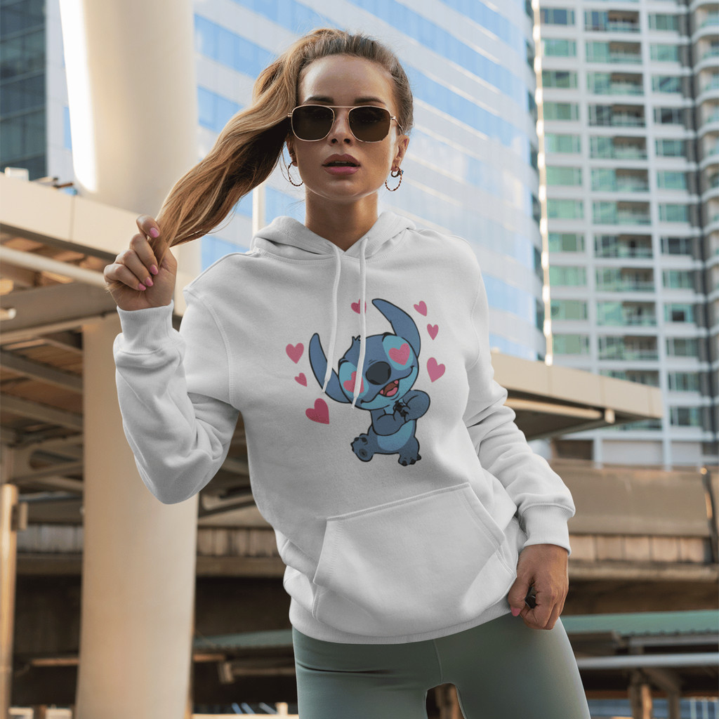 Moletom Feminino Canguru Adulto Lilo Stitch Coração Fofo Blusa de Frio Flanelado
