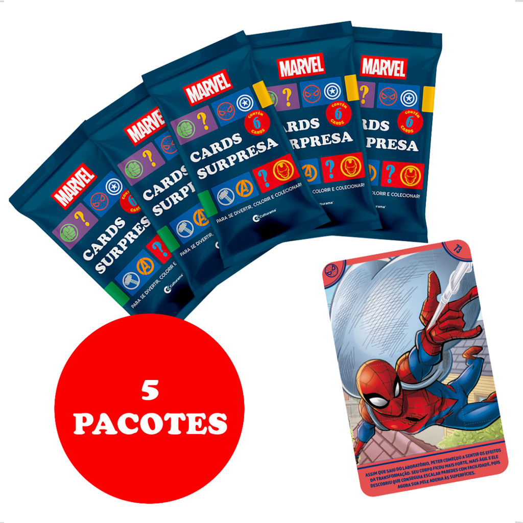 Kit 30 Cards Cartas Figurinha Surpresa Marvel Super Heróis 5 Pacotes Spider Man Coleção Culturama