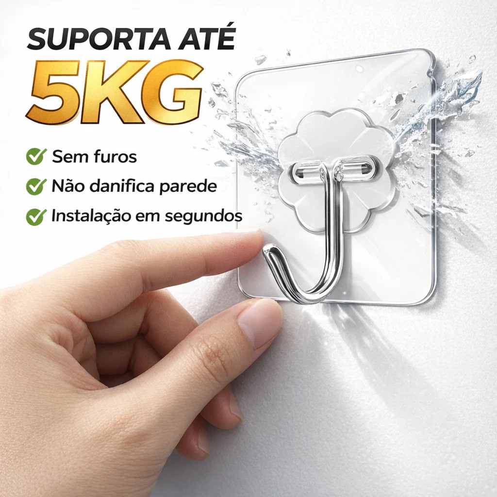 Kit's De 1/3/5/10/15 Ou 20 Ganchos Adesivos Transparente Sem Furadeira Organizador Parede Casa Resistente