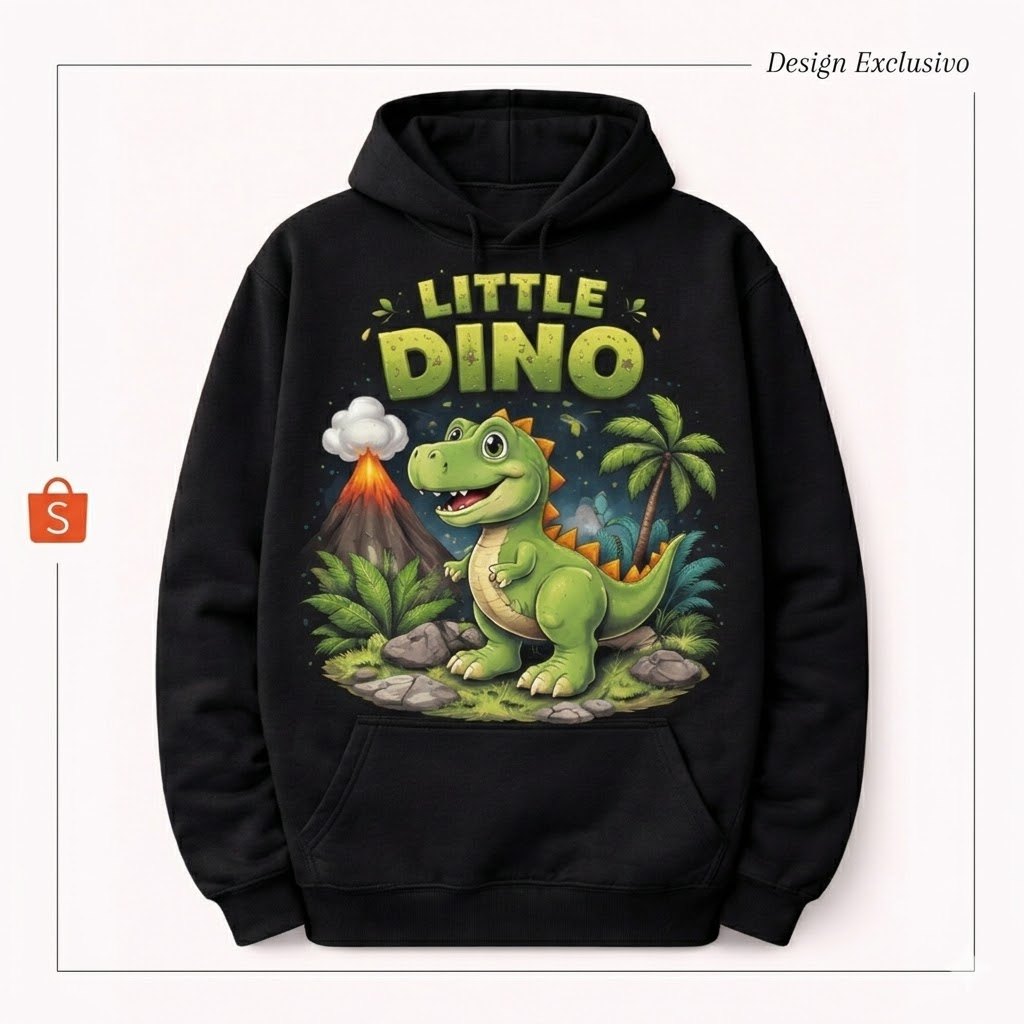 Moletom Infantil Dinossauro Little Dino Capuz Estampado Algodão Inverno Unissex Bolso Canguru