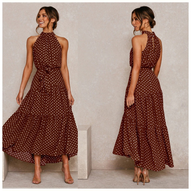 2026 Boho Verão Polka Dot Print Cotton Maxi Vestido Longo Feminino Halter em Oferta na Shopee