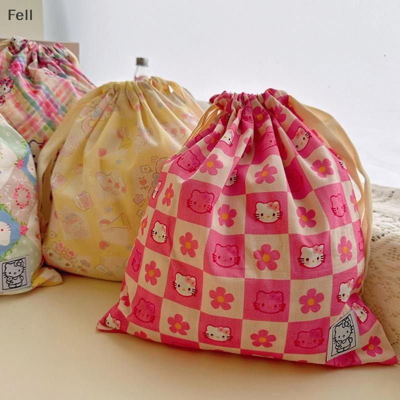 [Fel] Kawaii Hello Kitty Bolso Com Cordão Bonito Desenho Animado Impressão Saco De Armazenamento De Tecido Sacos De Pres