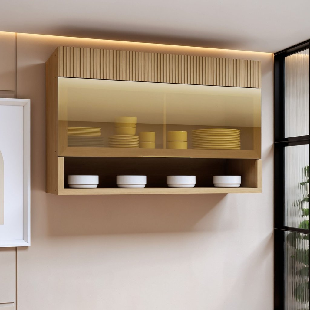 Armário Aéreo 1 Porta Basculante Vidro Reflecta e Nicho 120cm 100% MDF Realeza Premium Carvalho/Espelhado