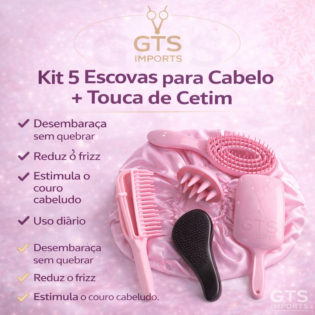 Kit 5 Escovas de Cabelo  + Touca de Cetim – Raquete Fashion, Mágica, Polvo, Massageadora de Silicone em Oferta na Shopee