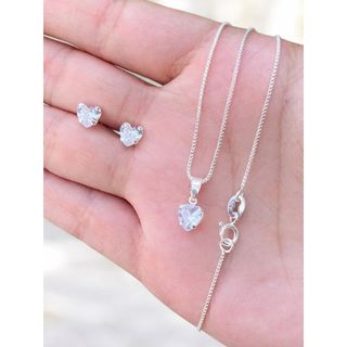 Kit ponto de luz coração colar + brinco ponto de luz prata F925 conjunto