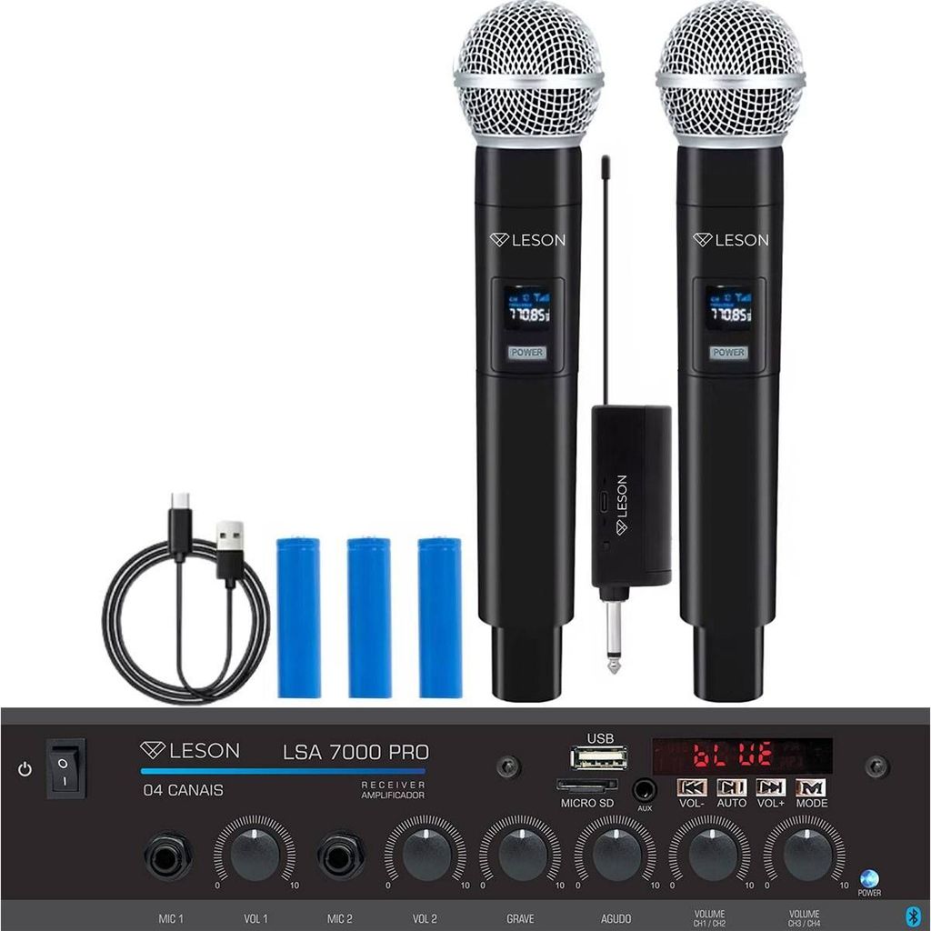 Kit 2 Microfone Sem Fio + Amplificador Receiver Igreja Evento Palestra Show