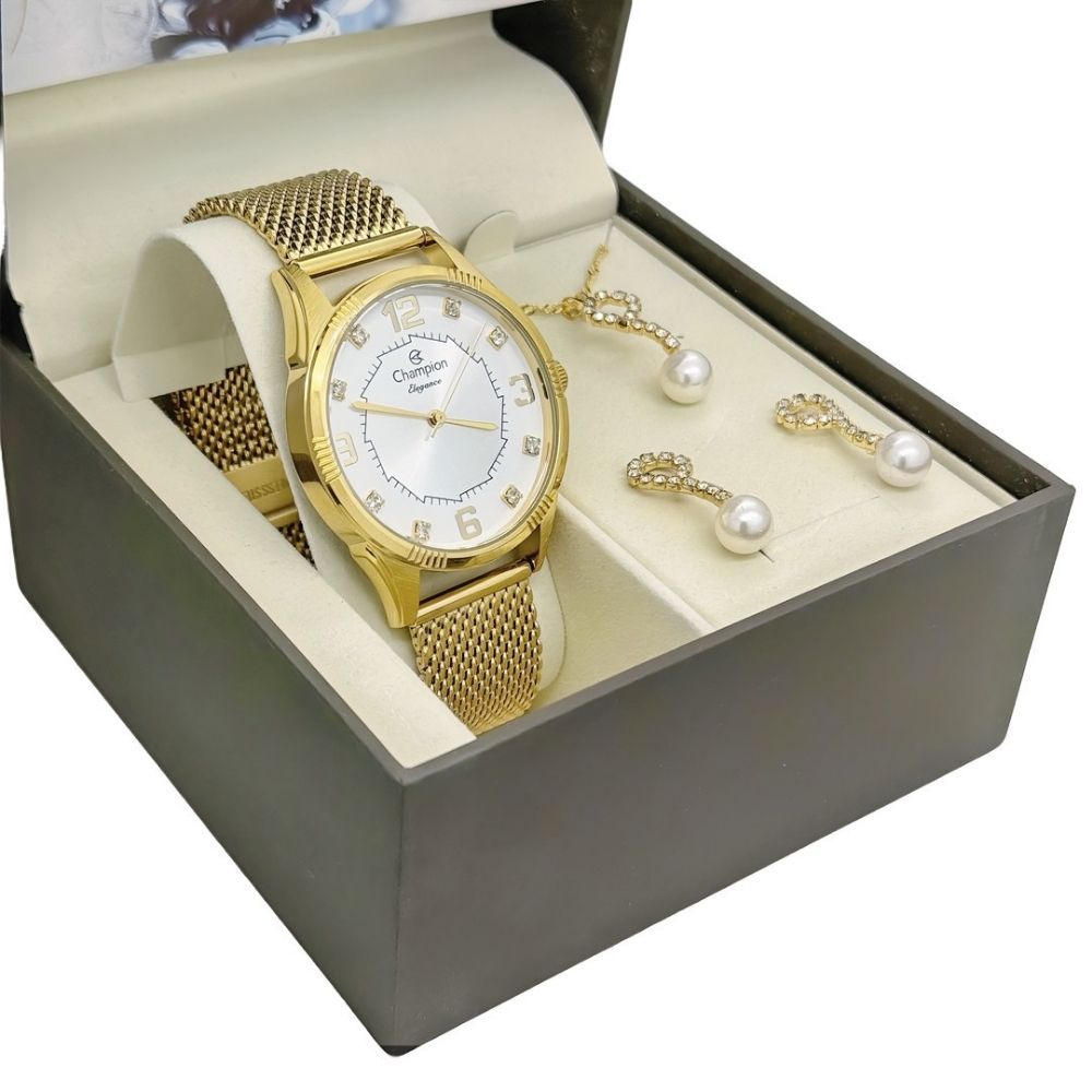 Kit Relógio Champion Feminino Com Colar E Brinco De Perola Dourado Original Modelo CN25814E