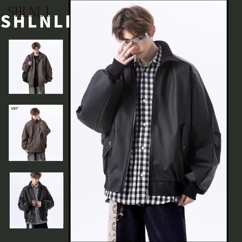 Jaqueta De Couro PU Para Motocicleta Colorida De Café Americano Outono E Inverno Casaco De Beisebol Com Gola Solta Mascu