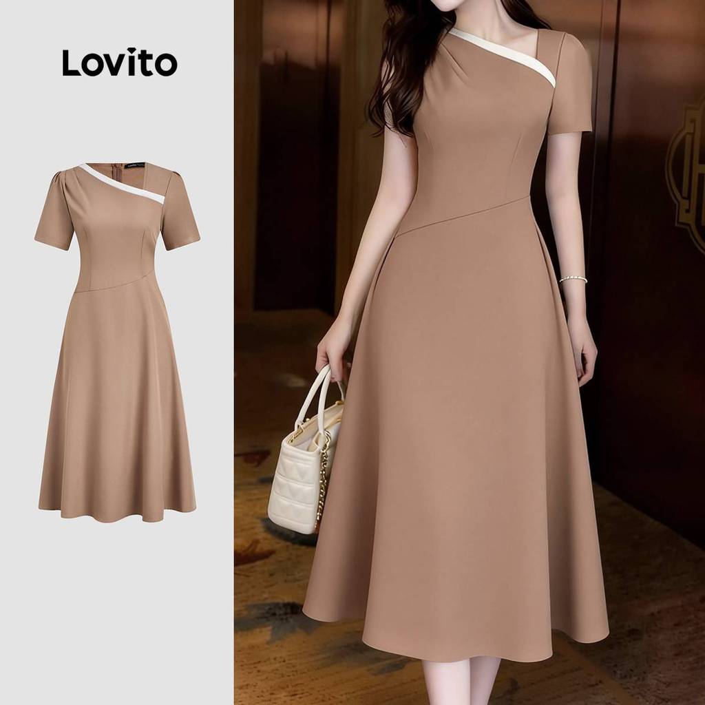 Lovito  Vestido Casual Assimétrico Colorido Primavera/verão Cáqui para Mulheres. L171ED093 em Oferta na Shopee