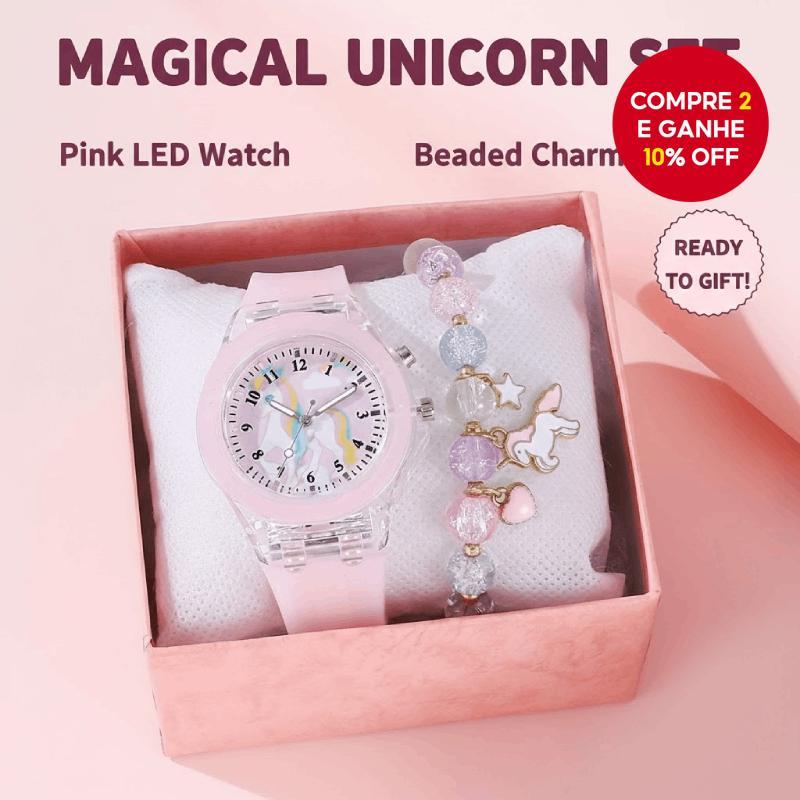 Relógio Infantil Luminoso Unicórnio Pulseira De Quartzo Conjunto Rosa Azul Branco Presente De Volta Às Aulas Sem Caixa