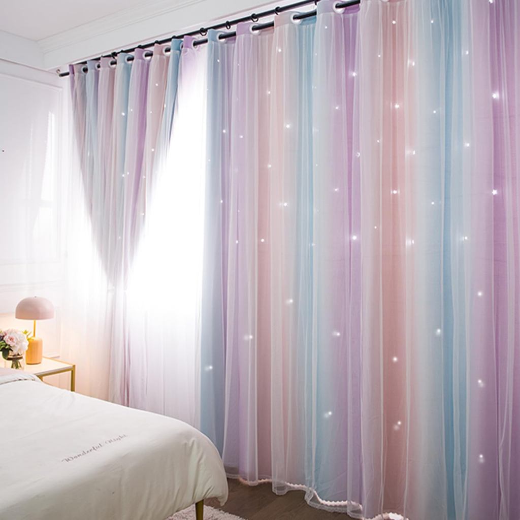 Cortinas Blackout, Cortina Listrada Gradiente Arco-Íris, Mistura De Dupla Com Sobreposição Transparente Branca Para Qu