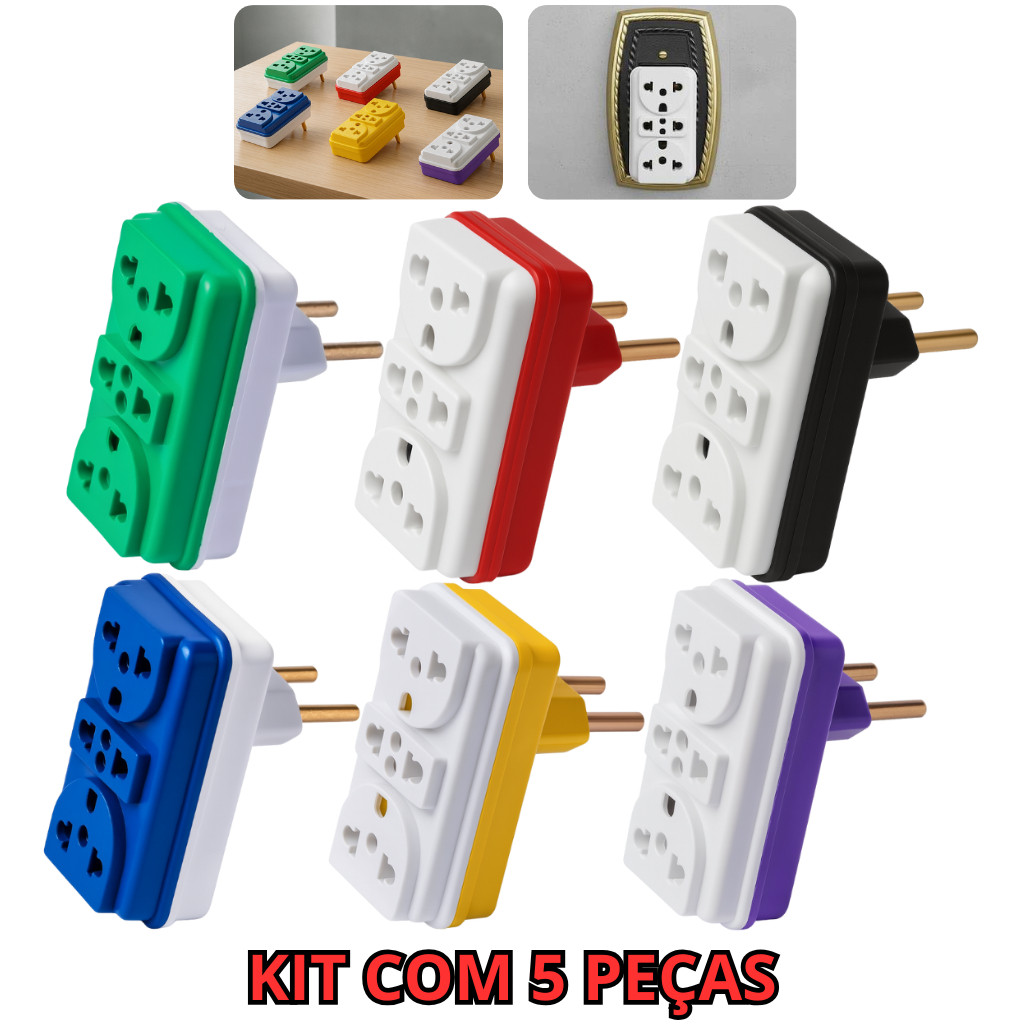 Kit 5 Adaptador Todas Tomadas Padrão Novo Antigo Benjamin Triplo