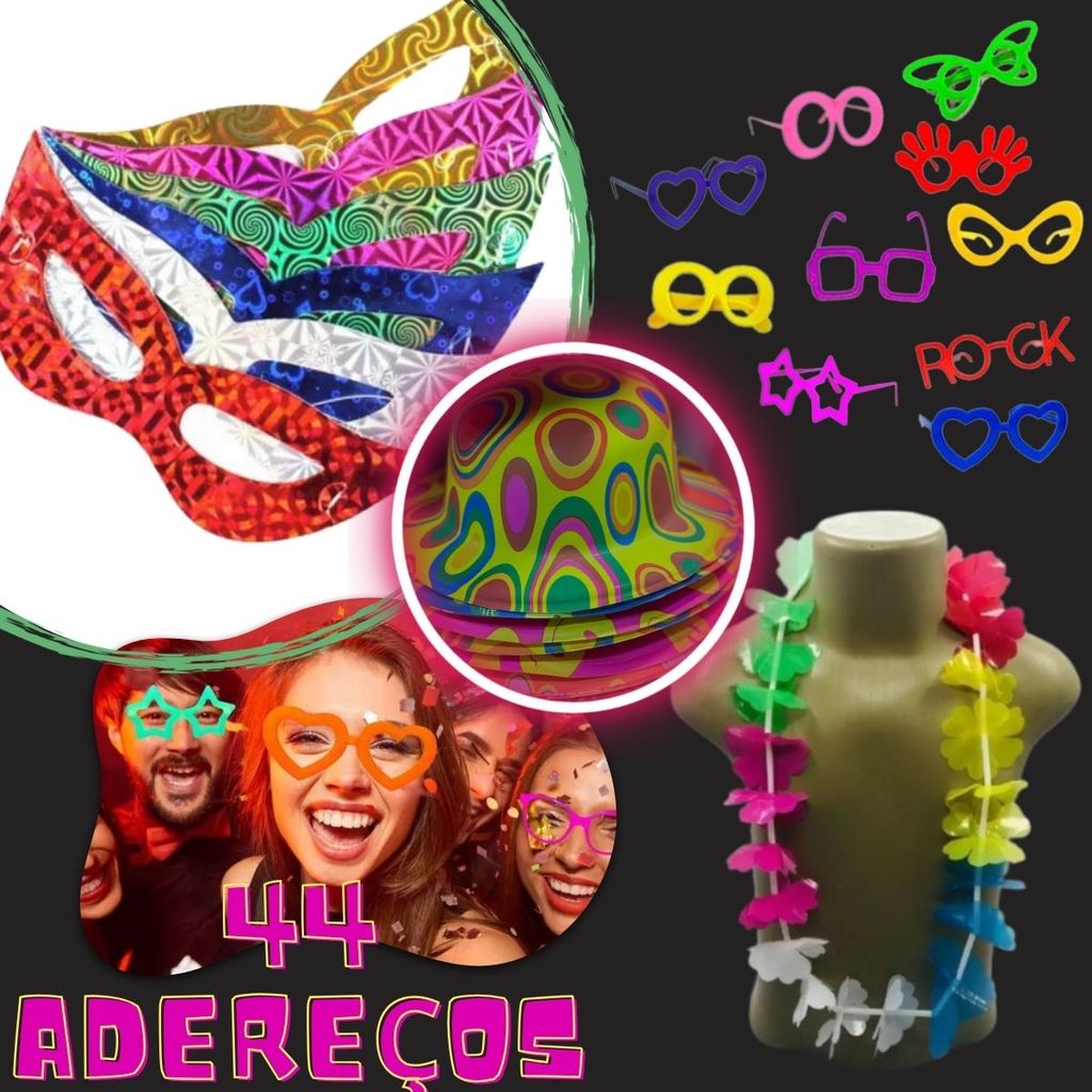 Kit Festa Completo 44 Peças Carnaval Balada Evento Noturno com 24 Colares Havaiano 10 Óculos e 10 Máscaras Holográficas