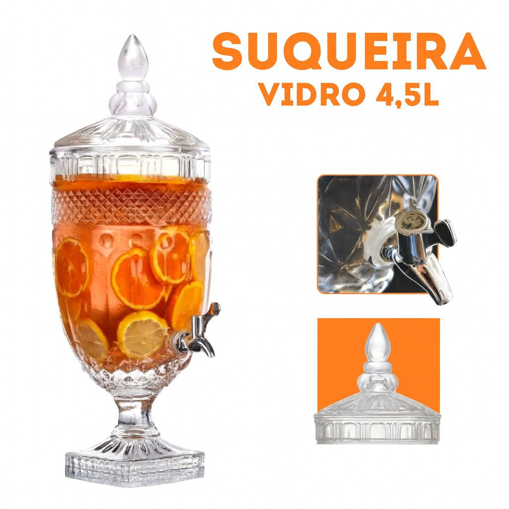 Suqueira De Vidro Premium 4,5L Transparente Elegante Para Bebidas Com Torneira