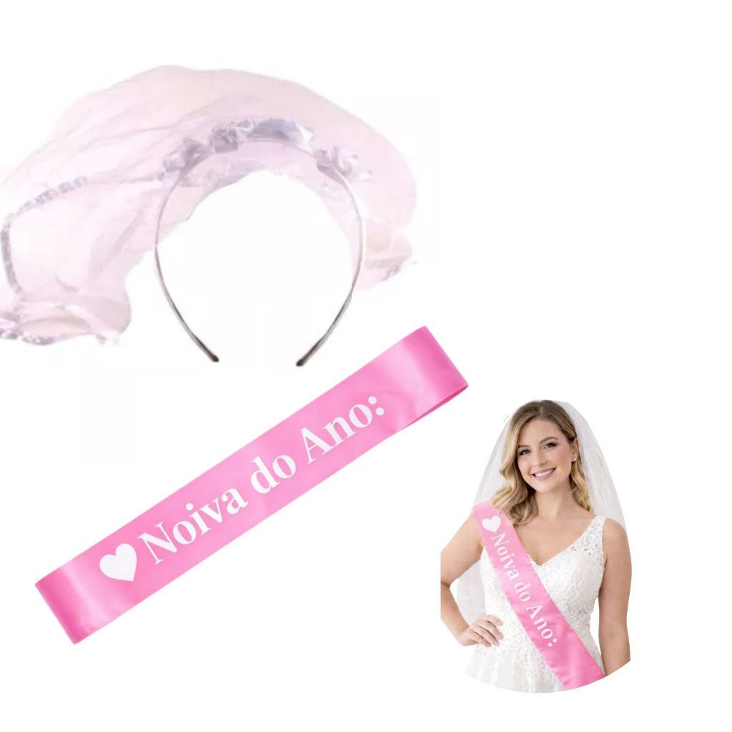 Faixa Noiva do Ano Rosa + Tiara com Véu para Despedida de Solteira