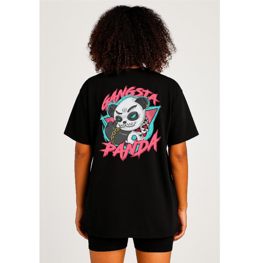 Camiseta Feminina Streetwear Algodão Penteado Infantil Adulto Plus Size Estampa Gangsta Panda Urso Moda Cartoon