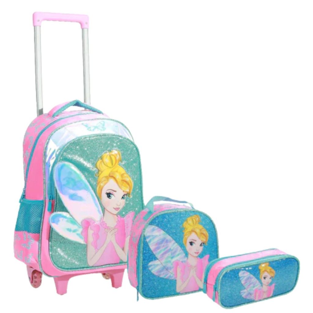 Kit Mochila Rodinhas Fada Infantil Escolar Lancheira Estojo Rosa