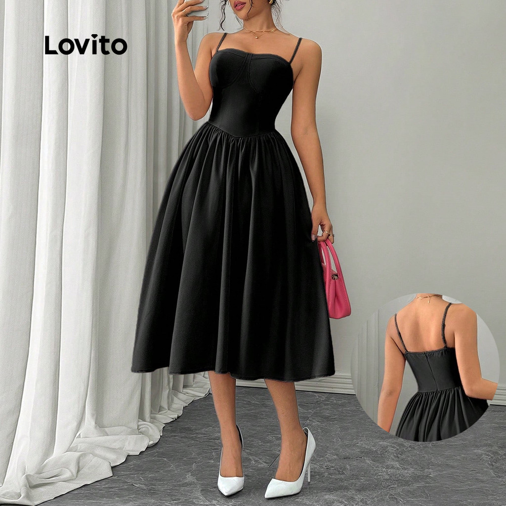 Lovito Vestido Elegante com Zíper Preto Primavera/verão para Mulheres LK2LD391 em Oferta na Shopee