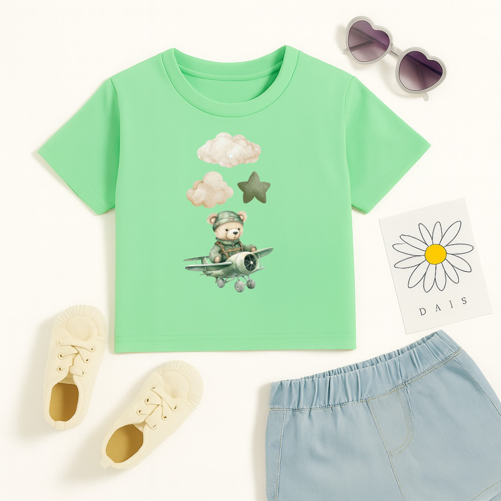 Camiseta Algodão Infantil Estampado Urso Avião Nuvens 944 Ursinho Fofo Delicado Blusinha de Criança