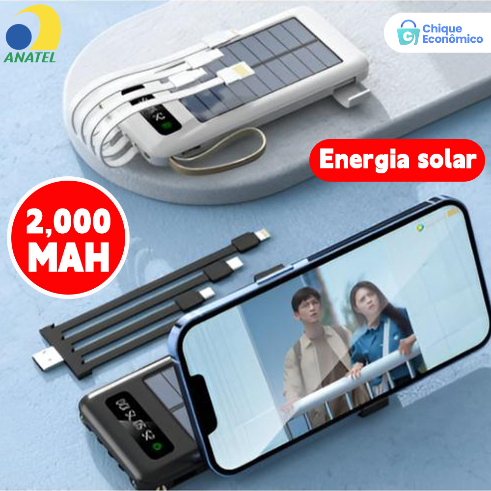 Carregador Solar Portátil 20.000mA - Kit 5 Cabos + Luz de Emergência LED