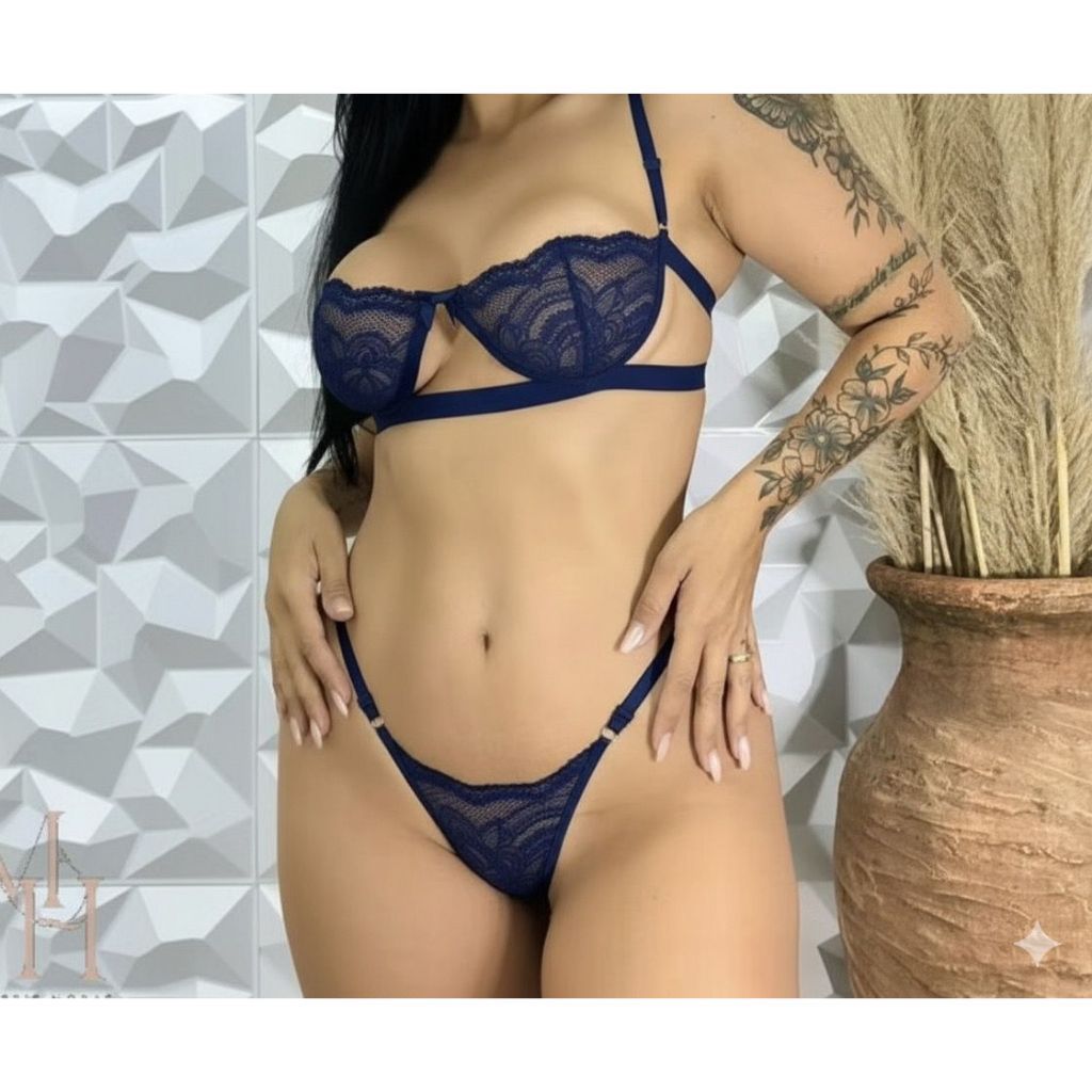 Kit 5 Conjunto lingerie em renda meia taça com aro de sustentação sutiã e calcinha fio dental