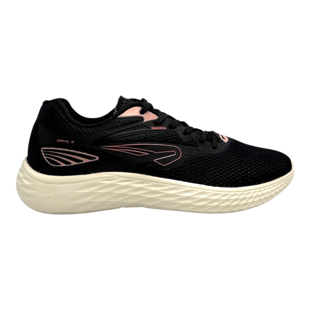 Tenis Rainha Feminino Esportivo Drive Preto Rosa Treino Academia Leve Confortável