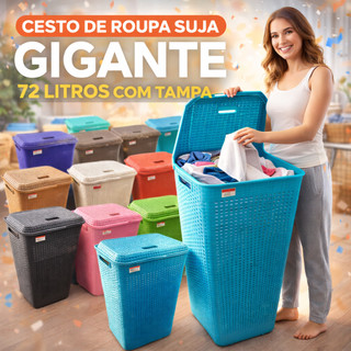Cesto de Roupa Suja com Tampa 72L Grande Plástico Resistente para Lavanderia Banheiro Fam…
