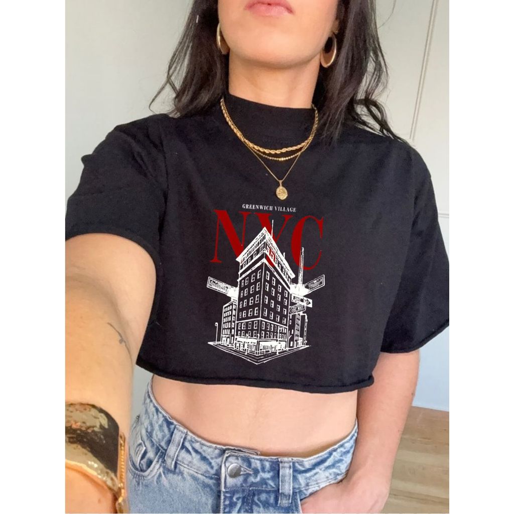 Camiseta Cropped NYC Estilosa Oversized Gola Alta Nova York Tshirt Casa Tendência Algodão Confortável Treino