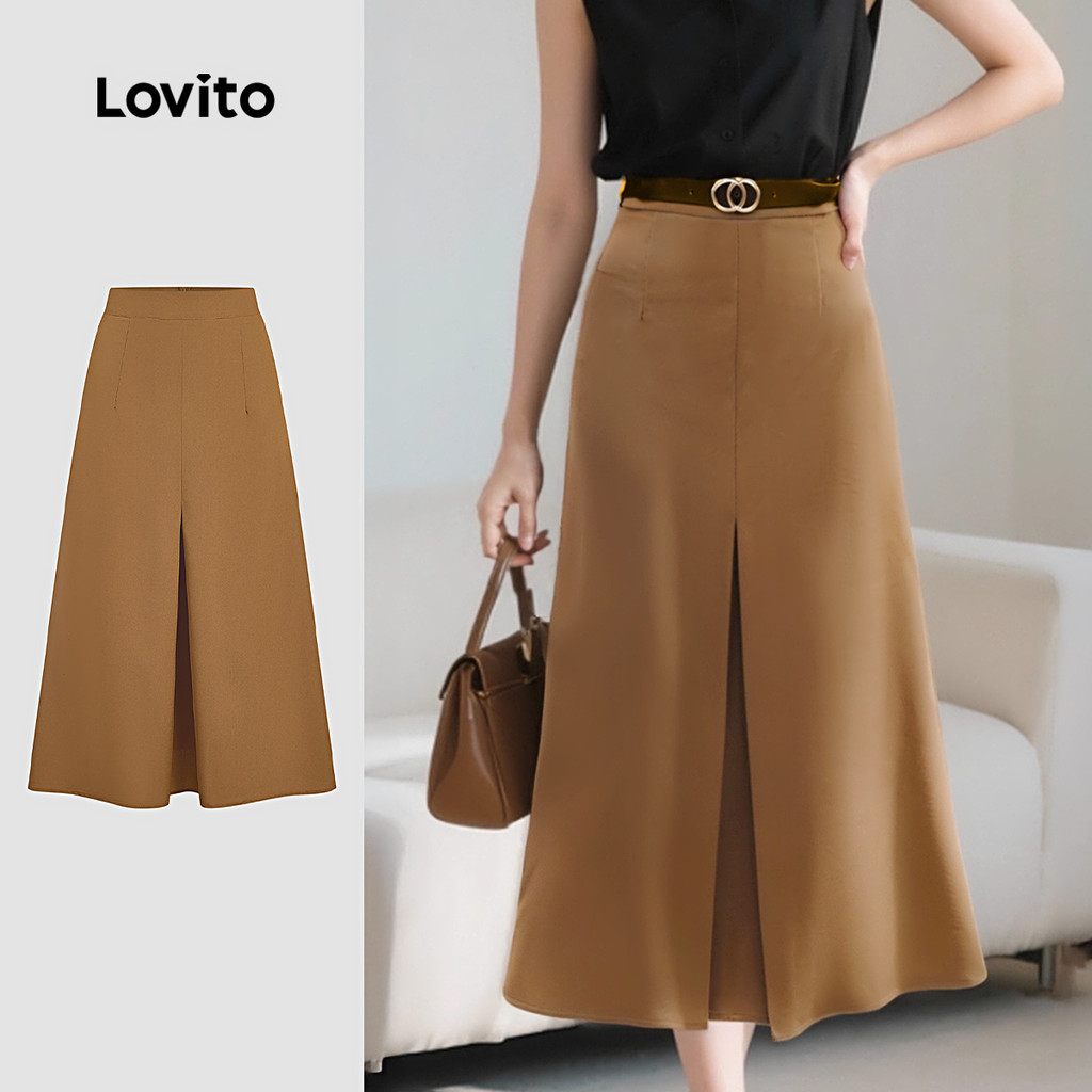 Lovito Saias Casuais com Zíper para Primavera/verão Marrom para Mulheres L164ED043 em Oferta na Shopee