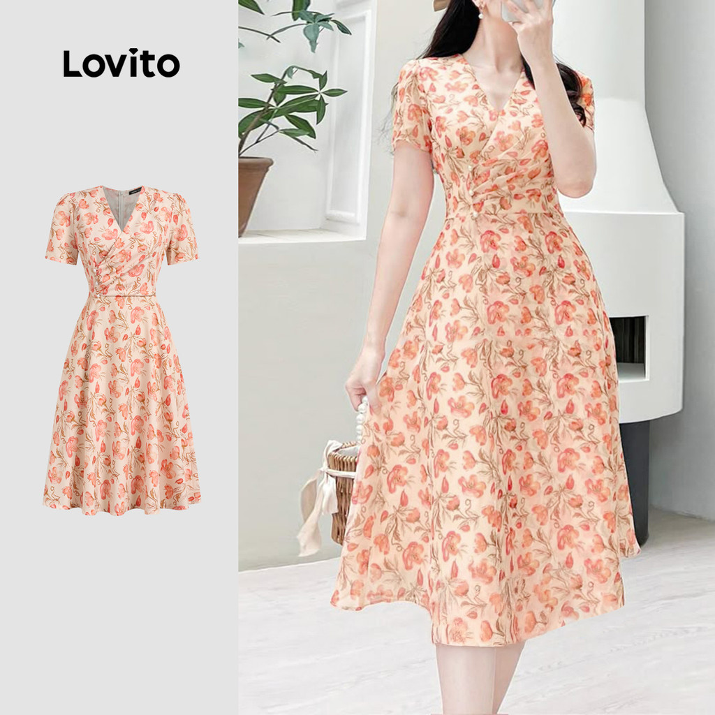 Lovito Vestido Boho Padrão Primavera/Verão Vestido Laranja Queimado Para Mulheres L134ED780 em Oferta na Shopee