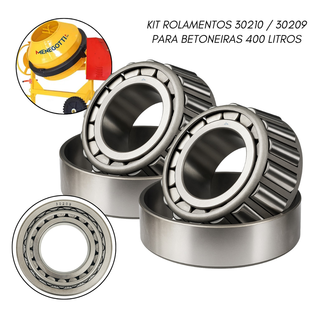 Kit Rolamentos N° 30209 + 30210 Para Betoneira Eixo Tambor Cubo Mancal Linha Pesada Alta Resistência