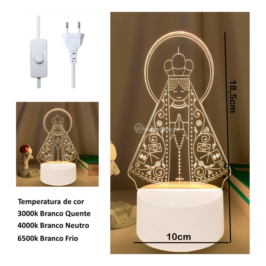 Luminária Nossa Senhora Aparecida Cristal LED 3D Mesa Presente Quarto Decoração Religiosa Católico