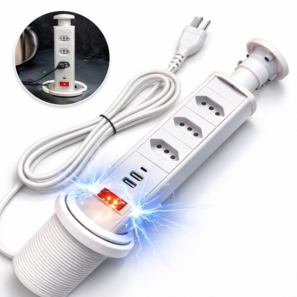 Torre 3 Tomadas 20A Multiplug Retrátil Bivolt USB C Embutir Mesa Bancada Pia Ilha Totem Deslizante Organizador De Fios