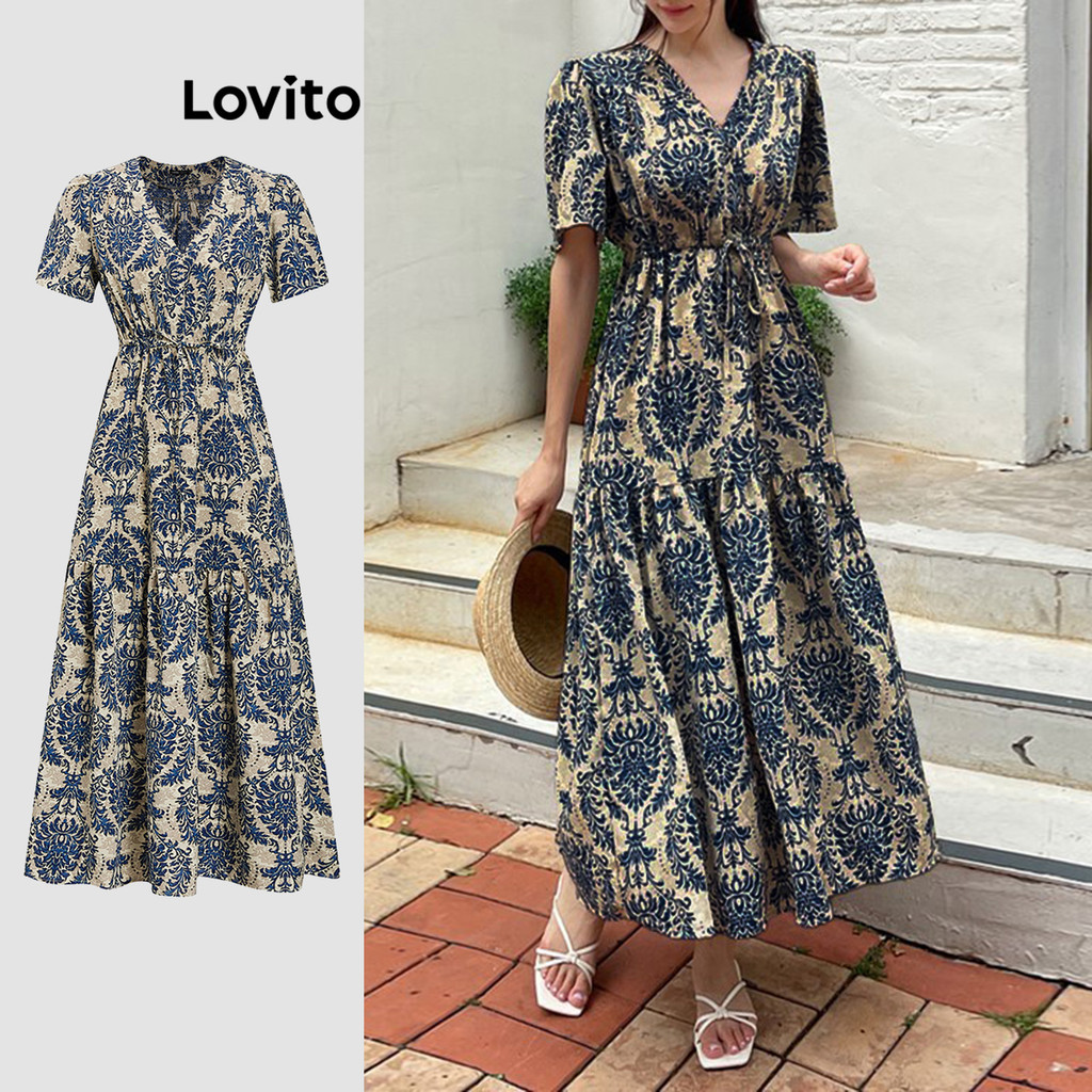 Lovito Vestido Boho Tribal com estampa frontal em camadas para mulheres L100MD315 em Oferta na Shopee