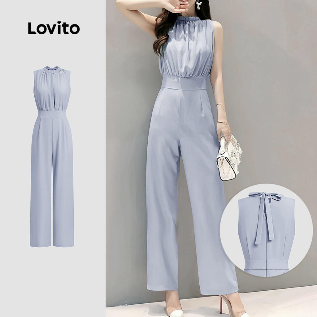 Lovito Macacão Elegante Liso Franzido Verão Primavera Cinza Azul Macacão Para Mulheres L134ED420 em Oferta na Shopee