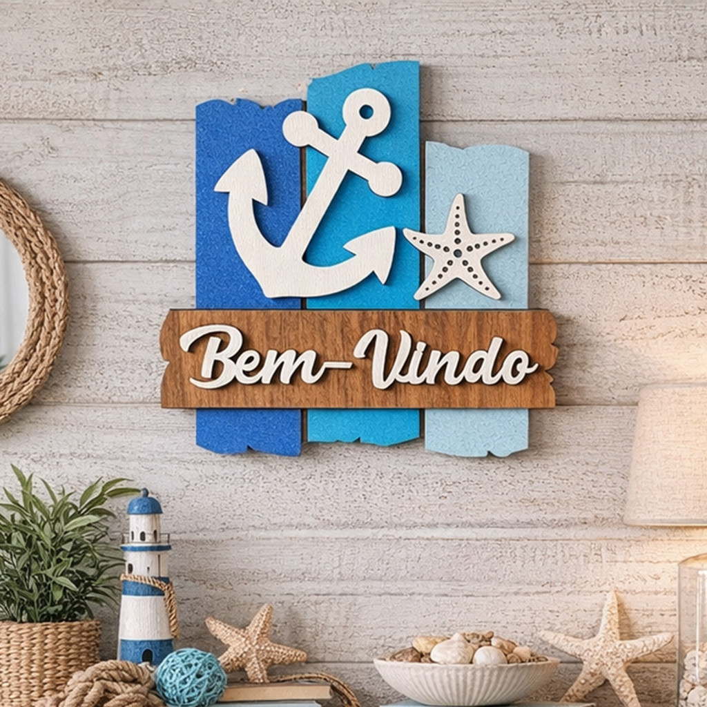 Placa Decorativa Recepção Praiana Bem Vindo Âncora e Estrela do Mar para Casa na Praia Pousada