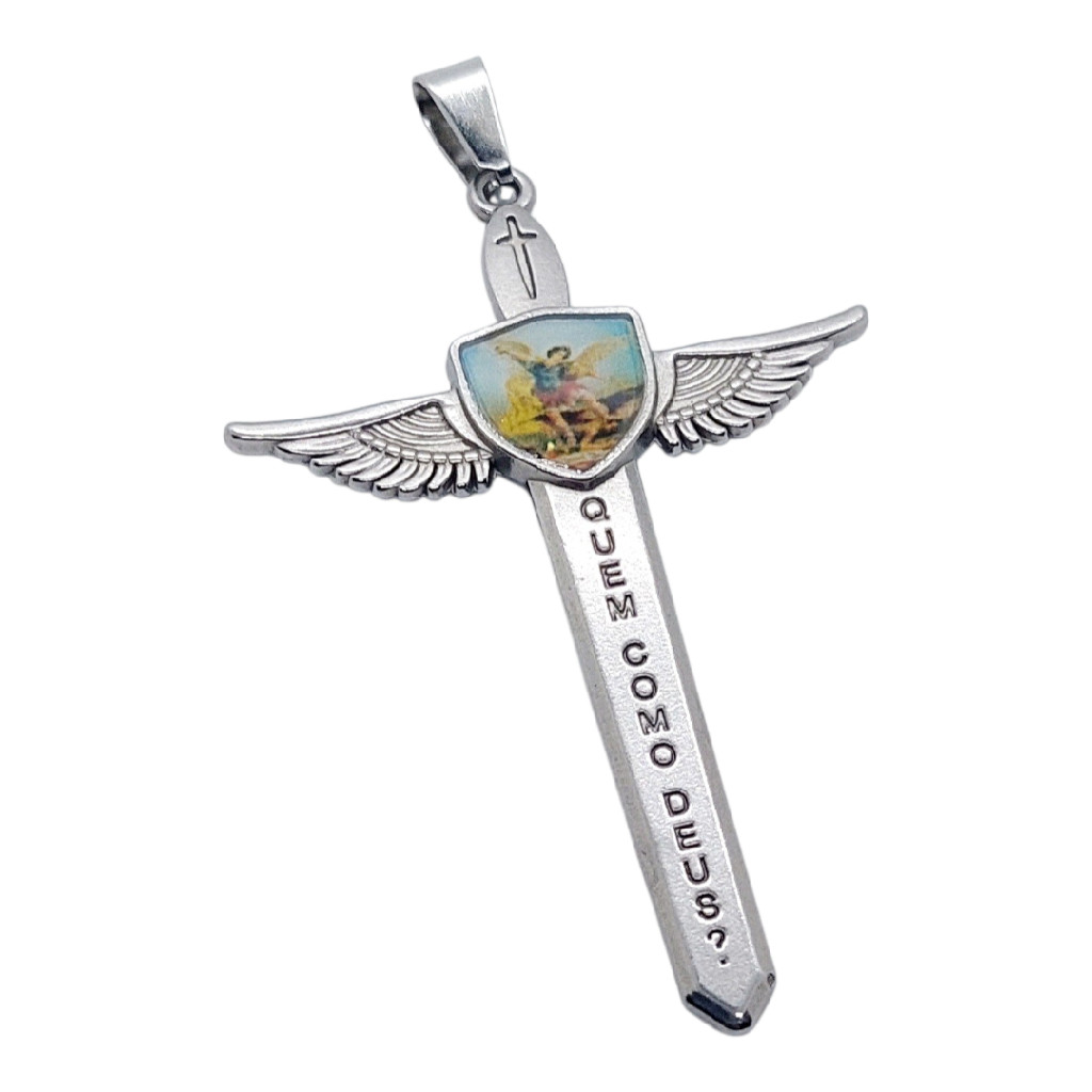 Pingente religioso Aço inox espada são miguel arcanjo anjo