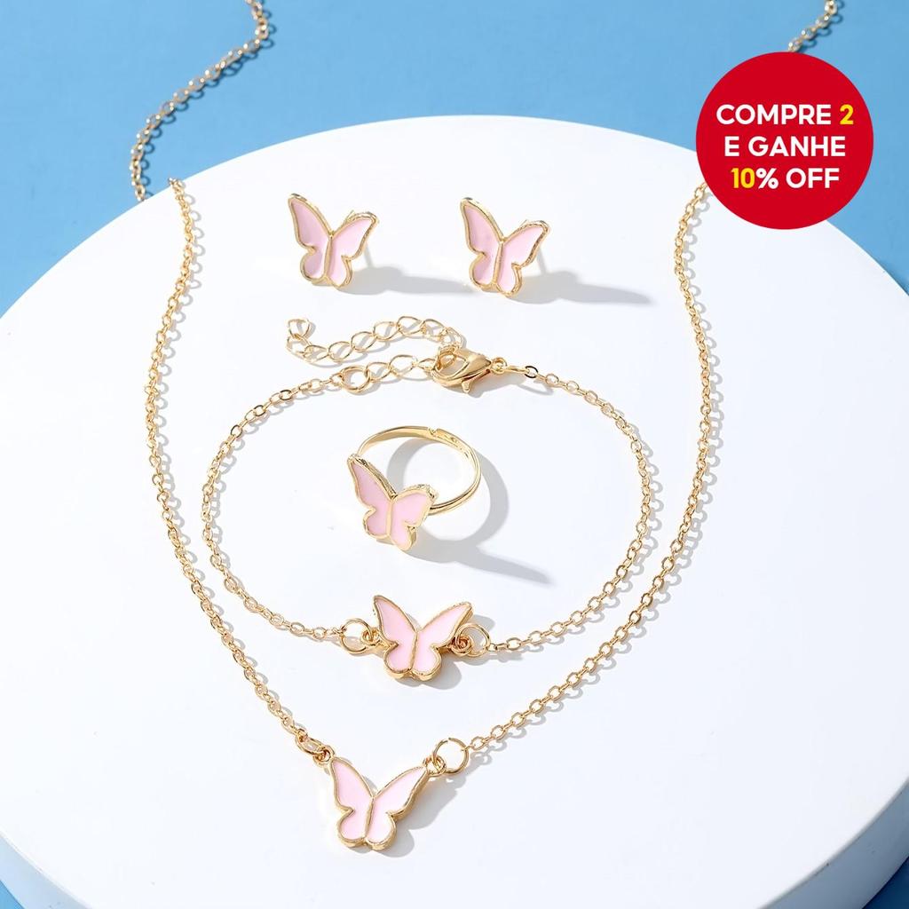 Conjunto feminino de acessórios: colar, anel, brincos e pulseira com design de borboleta, presente ideal. em Oferta na Shopee