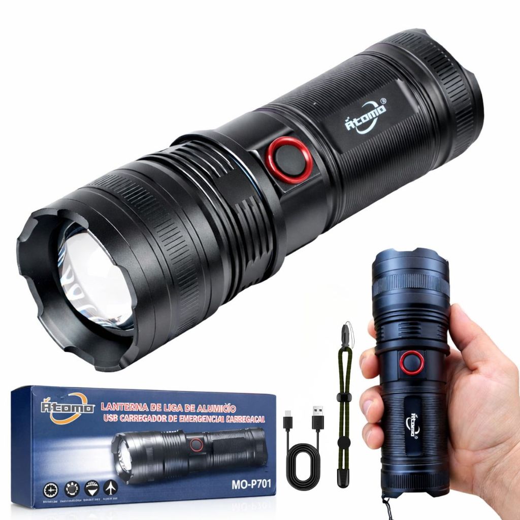 Lanterna Tática Recarregável ATOMO MO-P701 – Super Potente com Zoom, 5 Modos 2000m, Power Bank