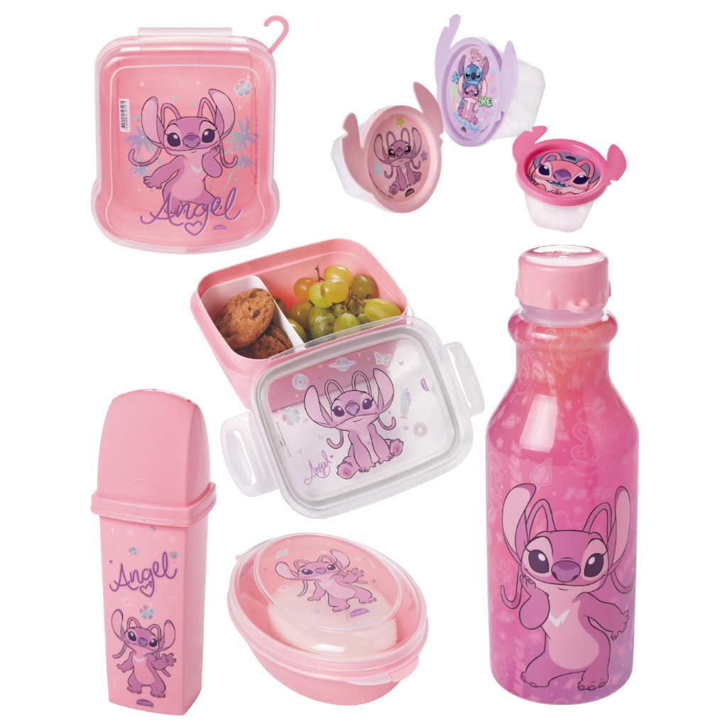 Potes Kit 8un Angel Stitch Lancheira Escolar Plasutil Garrafa Pote Ludico Sanduicheira Marmita em Oferta na Shopee