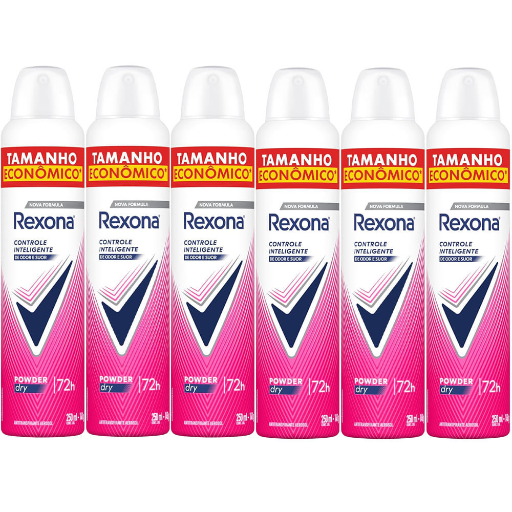 Kit Desodorante Antitranspirante Aerosol Rexona Powder Dry 72 horas 250ml - 6 Unidades em Oferta na Shopee
