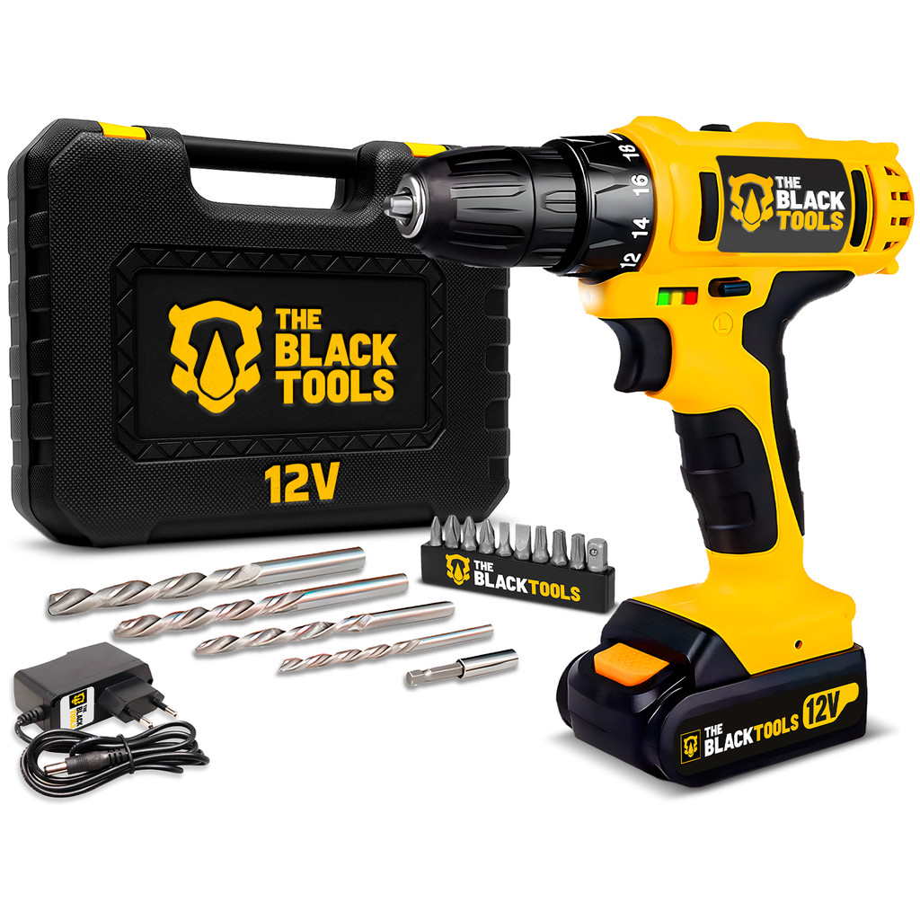 Furadeira E Parafusadeira Bateria 12v 3/8 C/ Brocas E Maleta Bivolt The Black Tools em Oferta na Shopee